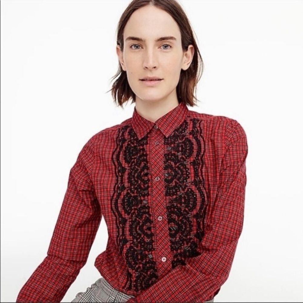 J. Crew Red and Black Plaid Shirt with Beaded Embroidery Size 8